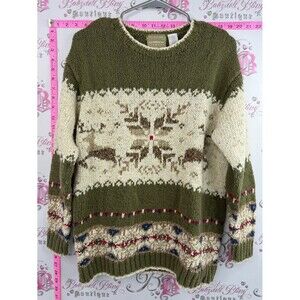 Liz Claiborne vintage sweater Olive, Cream & Brown Fair Isle Wool-Blend Sweater